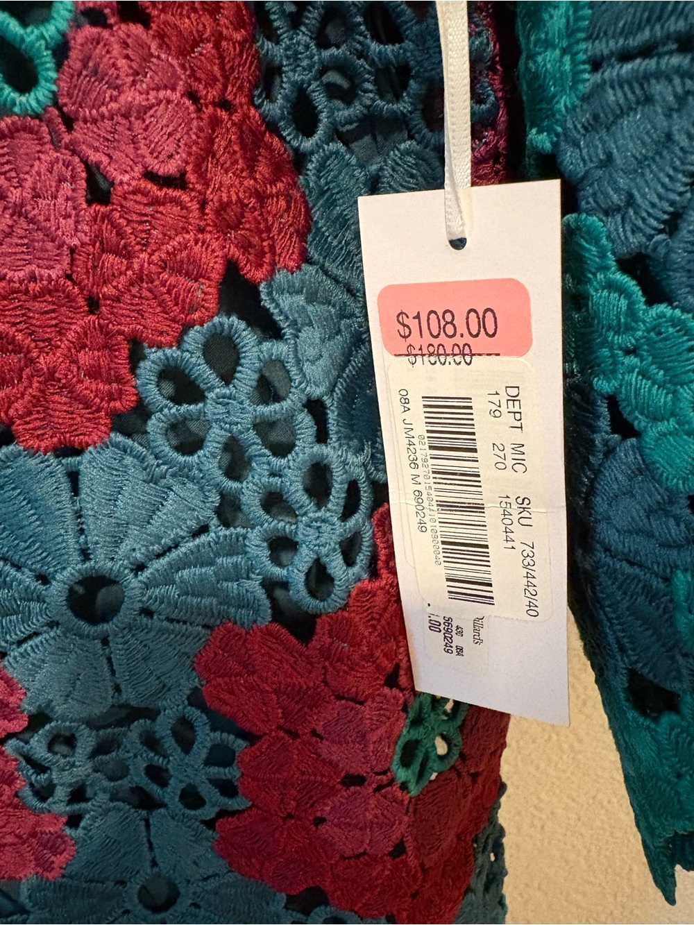 NWT J.Marie Crochet Floral Shift Dress in Teal and Magenta - Picture 7 of 7